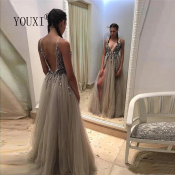 Beading Prom Dresses Long 2021 V Neck Light Gray High Split Tulle  Sleeveless  Gown A-Line Backless 